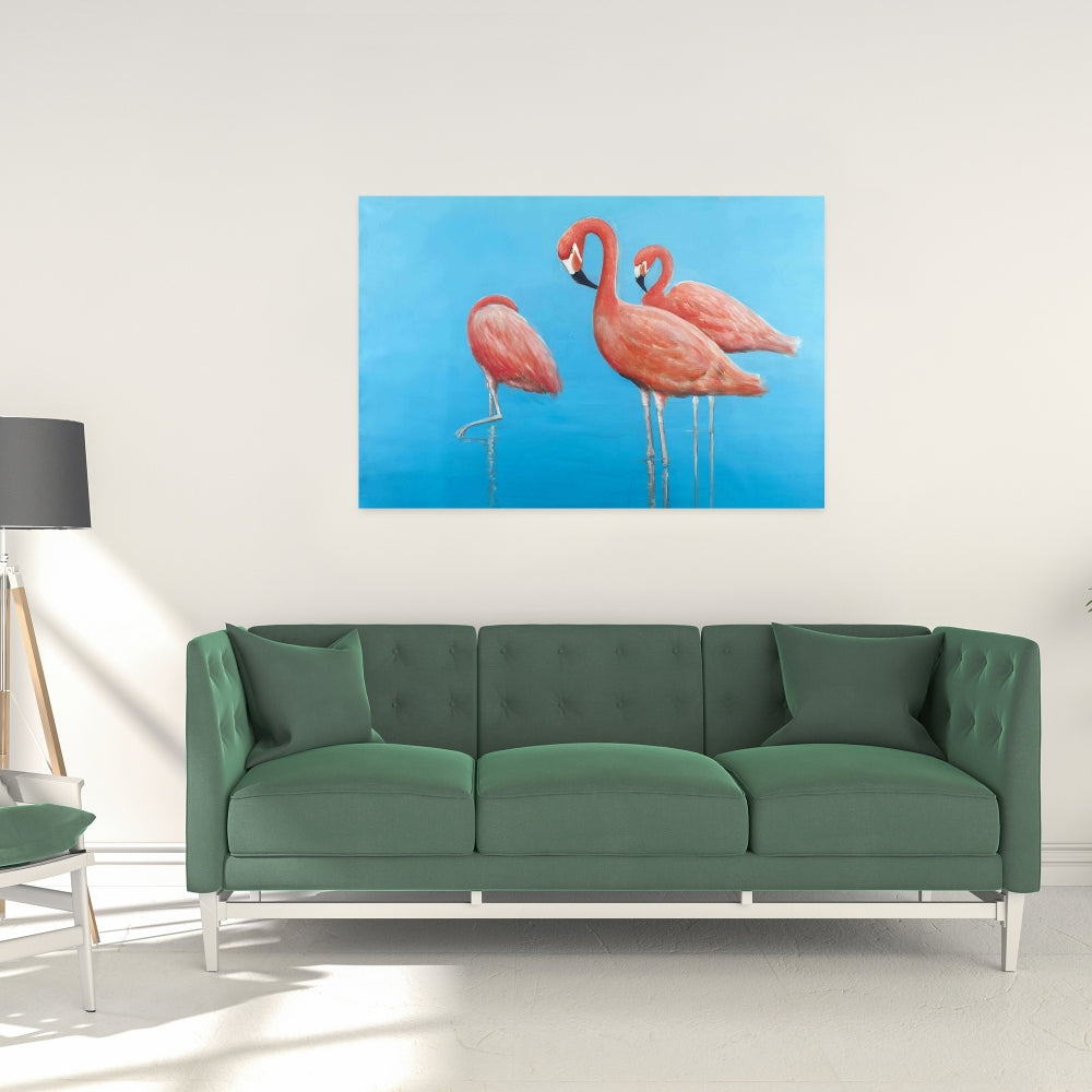 Toile bleue avec flamants roses | Décoration murale