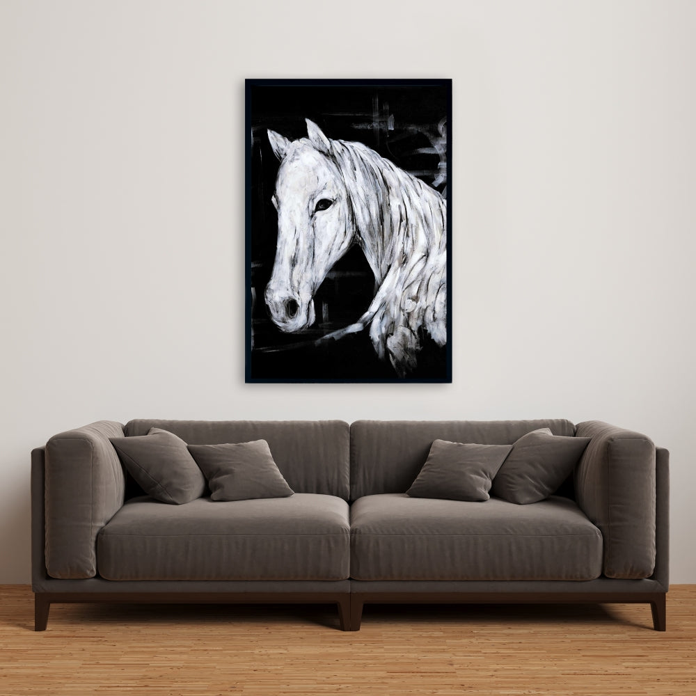 Toile abstraite de profil de cheval | Décoration d'animaux de la ferme | Cadre blanc