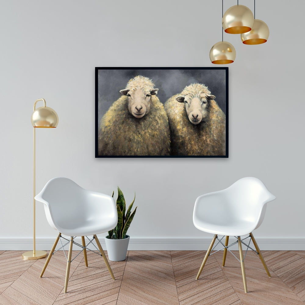 Toile rustique grise avec animaux de la ferme – Décoration d'intérieur en laine de mouton