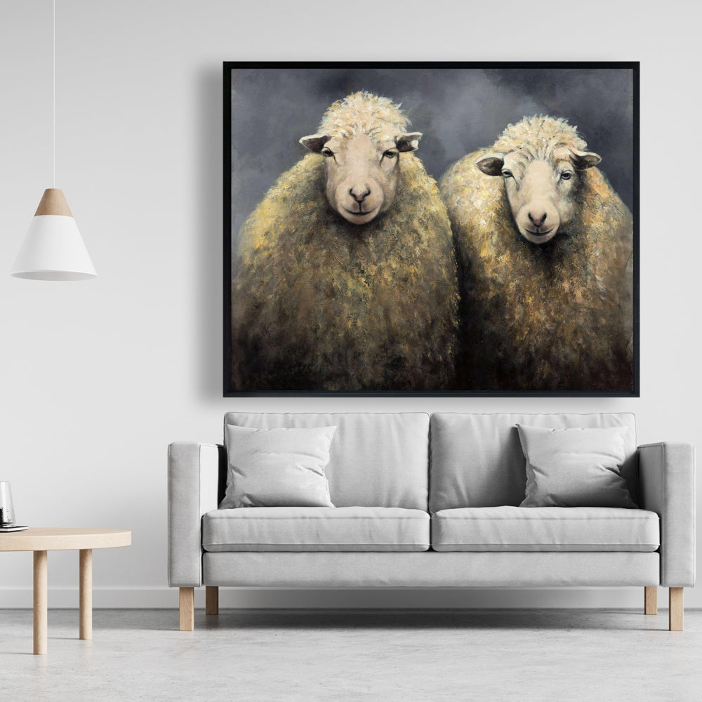 Toile rustique grise avec animaux de la ferme – Décoration d'intérieur en laine de mouton