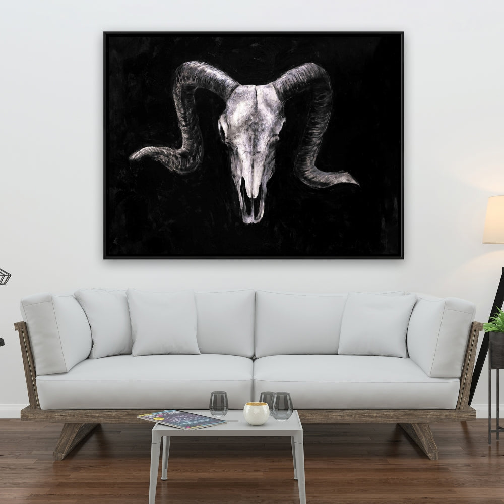 Ram Skull Grunge Canvas | Gray Framed Farm Animal Decor