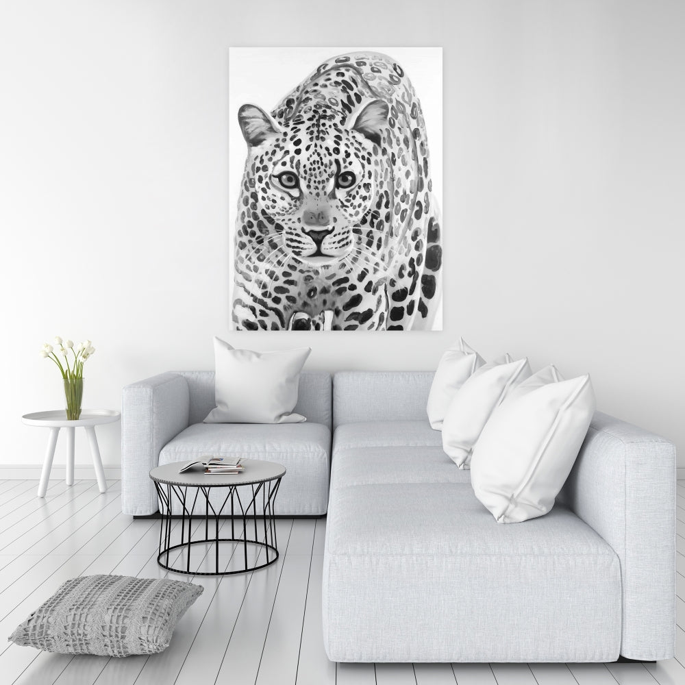 Leopard Ready to Attack - White Feline African Canvas Decor