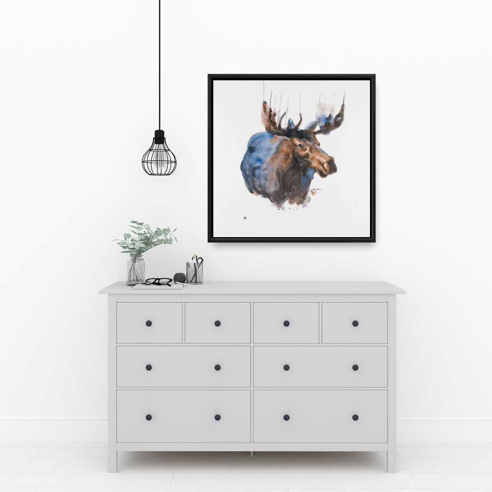 Abstract Blue Moose Canvas - Bedroom Animal Decor | Framed Art