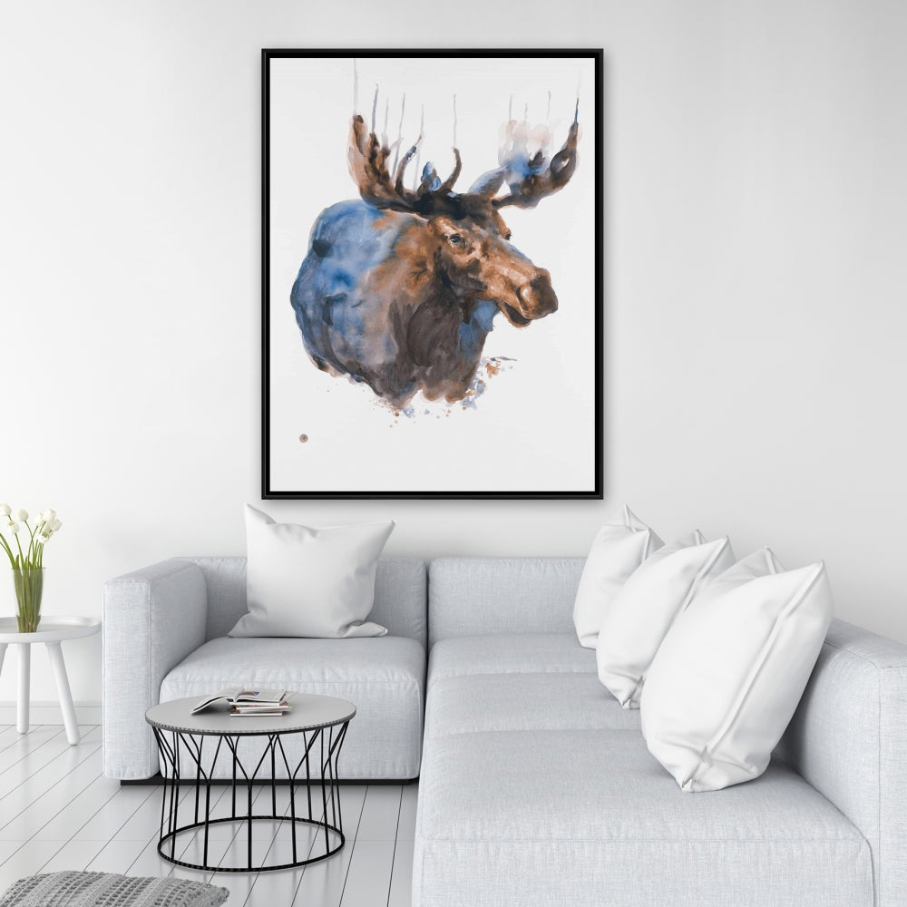 Abstract Blue Moose Canvas - Bedroom Animal Decor | Framed Art