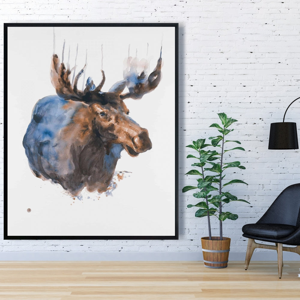 Abstract Blue Moose Canvas - Bedroom Animal Decor | Framed Art