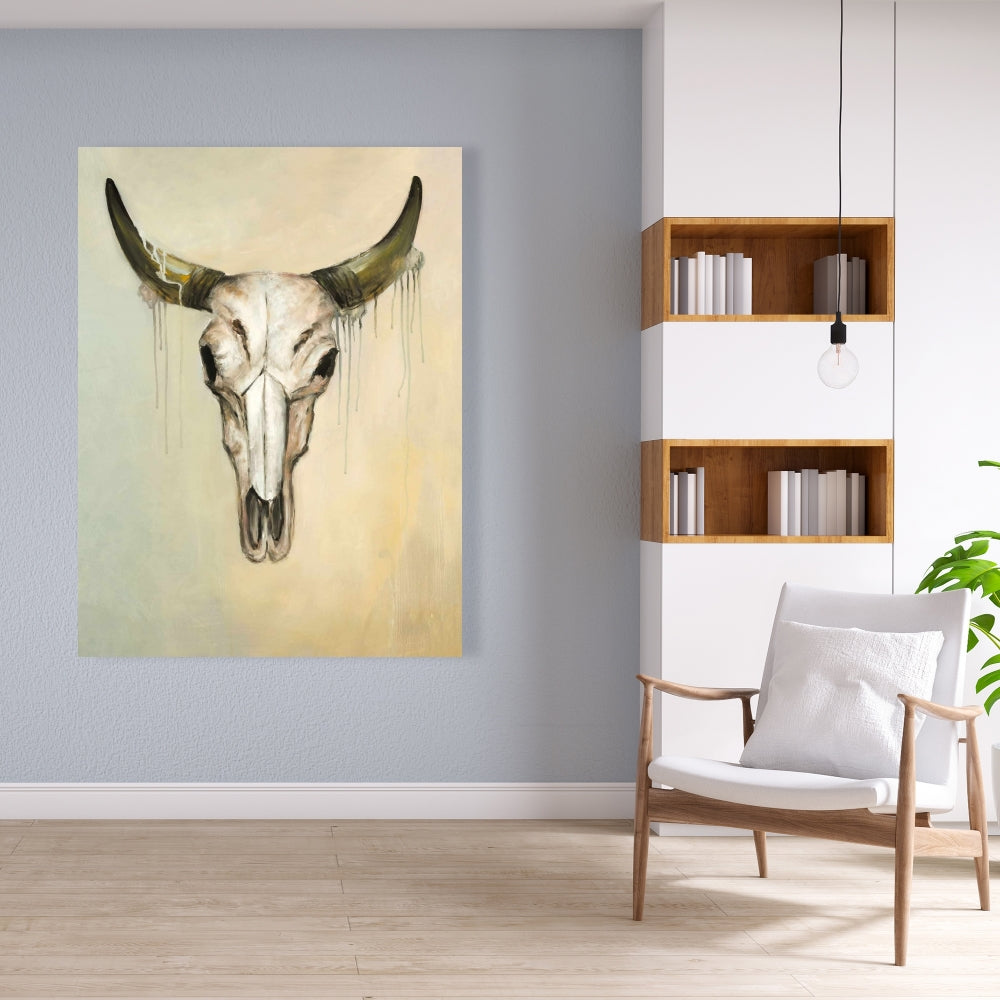 Color Fading Bull Skull Canvas - African Farm Decor for Bedroom