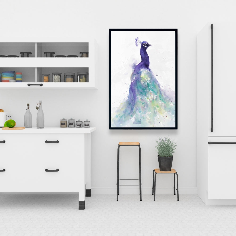 Toile aquarelle abstraite représentant un paon | Décoration murale encadrée d'oiseaux