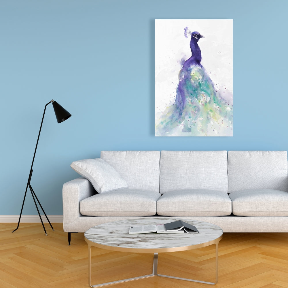 Abstract Peacock Watercolor Canvas | Purple Bedroom Wall Art