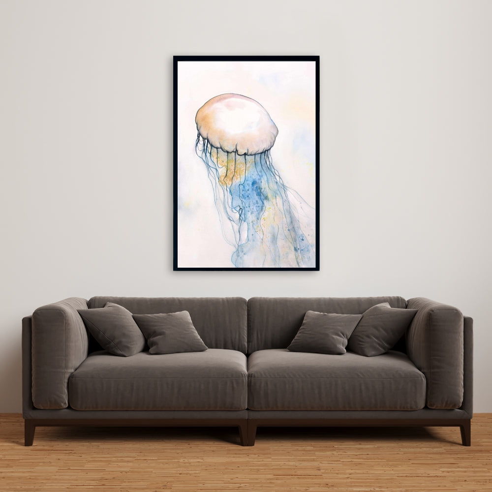 Toile aquarelle méduse - Décor aquatique encadré bleu