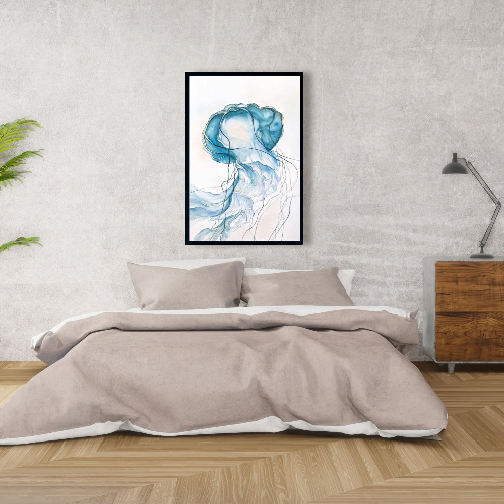 Toile encadrée bleue représentant une méduse en mouvement | Décoration de chambre animalière