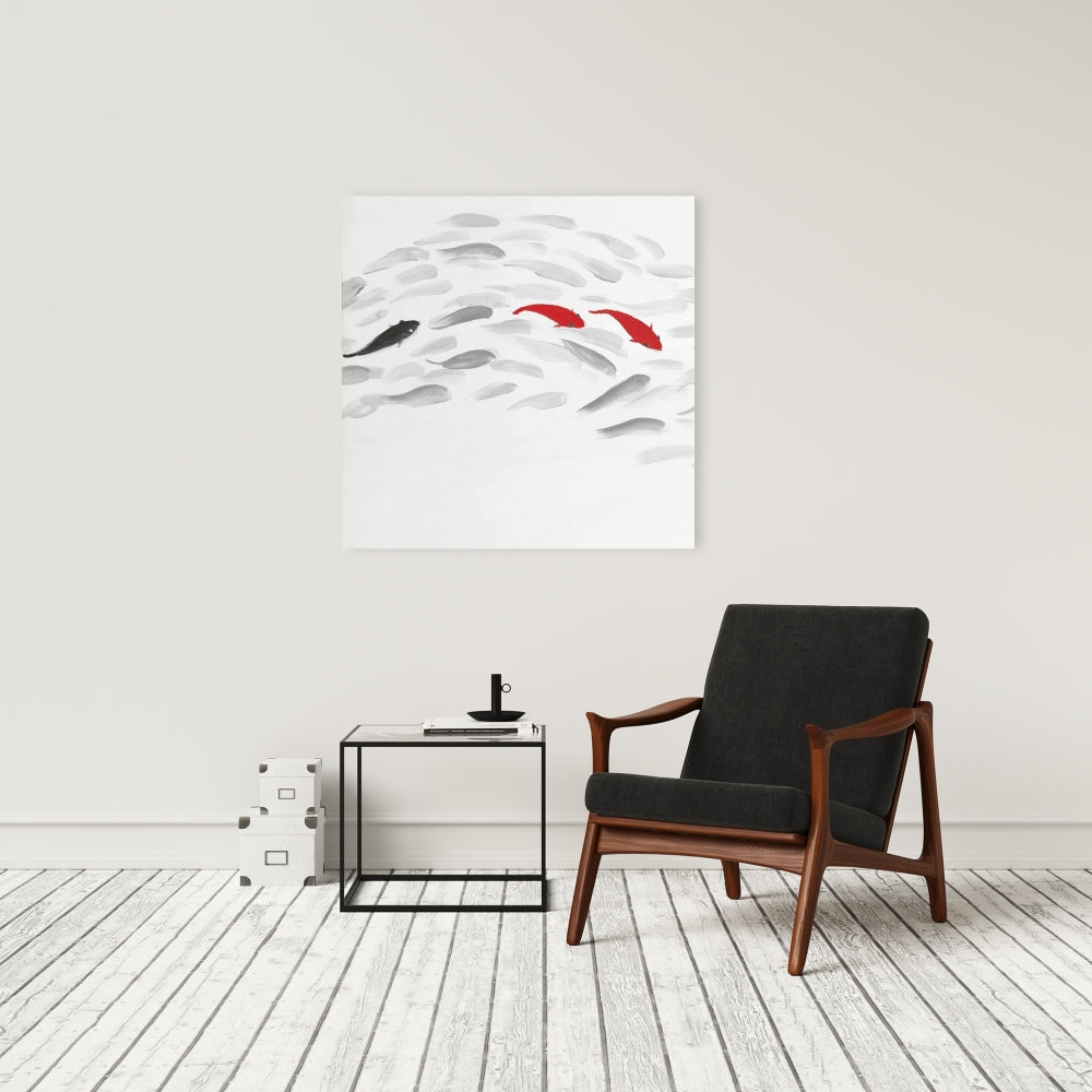 Swimming Fish Wave Canvas - Gray Aquatic Bedroom Decor