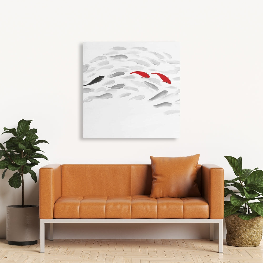 Swimming Fish Wave Canvas - Gray Aquatic Bedroom Decor