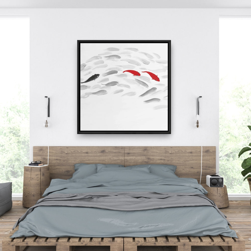 Swimming Fish Wave Asian Gray Framed Canvas | Home Decor