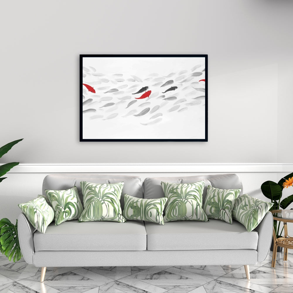 Swimming Fish Wave Asian Gray Framed Canvas | Home Decor