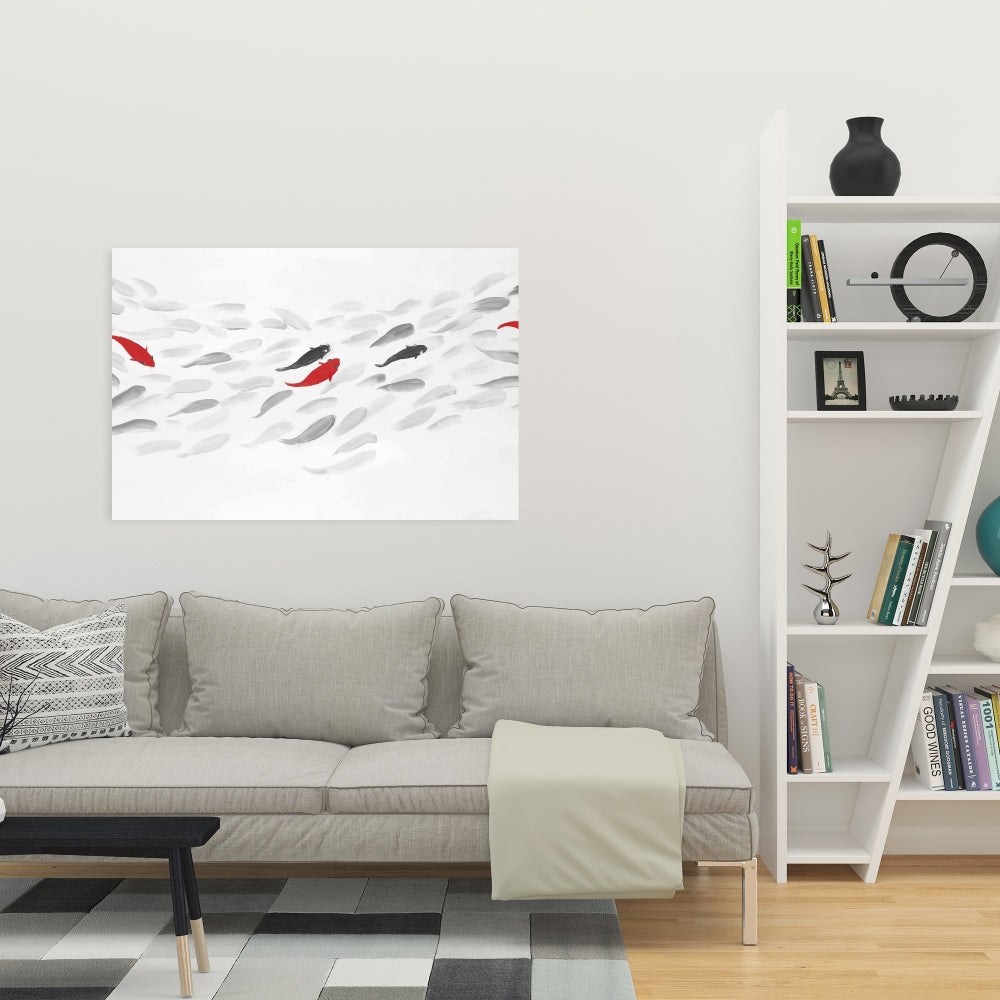 Swimming Fish Wave Canvas - Gray Aquatic Bedroom Decor