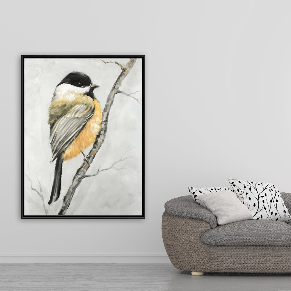 Small Coal Tit Canvas | Gray Framed Bird Art for Home Decor