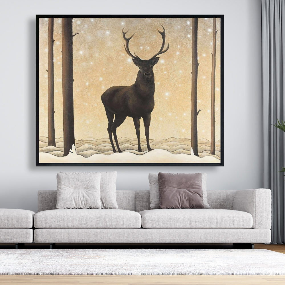 Roe Deer in Winter Canvas - Rustic Brown Framed Home Decor