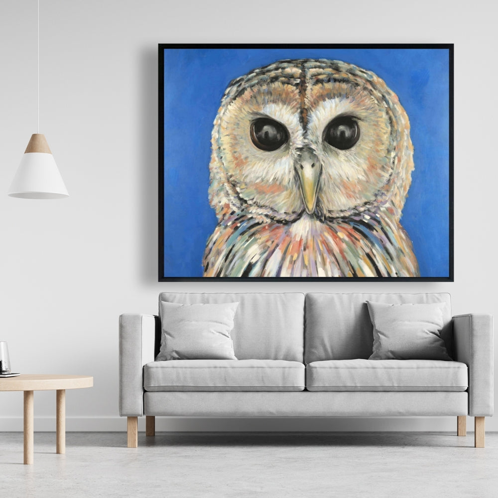 Toile colorée représentant une chouette tachetée | Décoration murale de chambre à coucher représentant un oiseau bleu