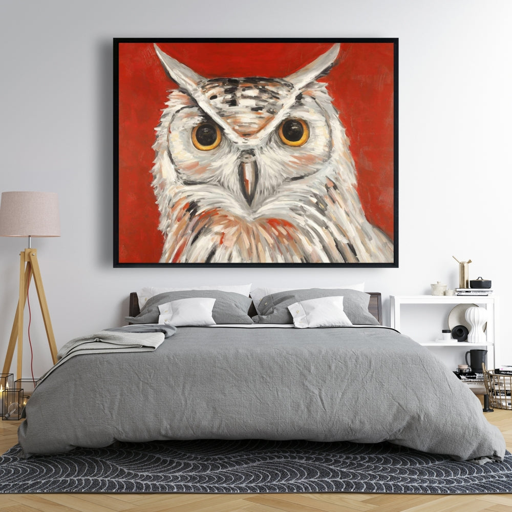 Toile colorée représentant un hibou grand-duc | Décoration encadrée gris oiseau