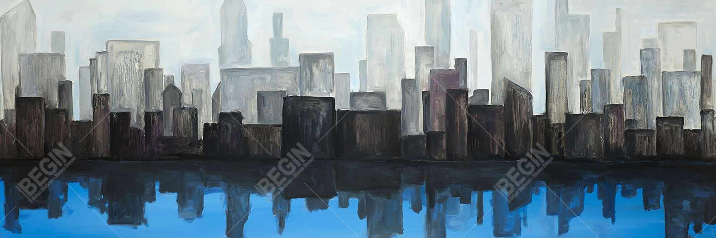 Toile « Vue sur la ville bleue » | Décoration murale contemporaine encadrée
