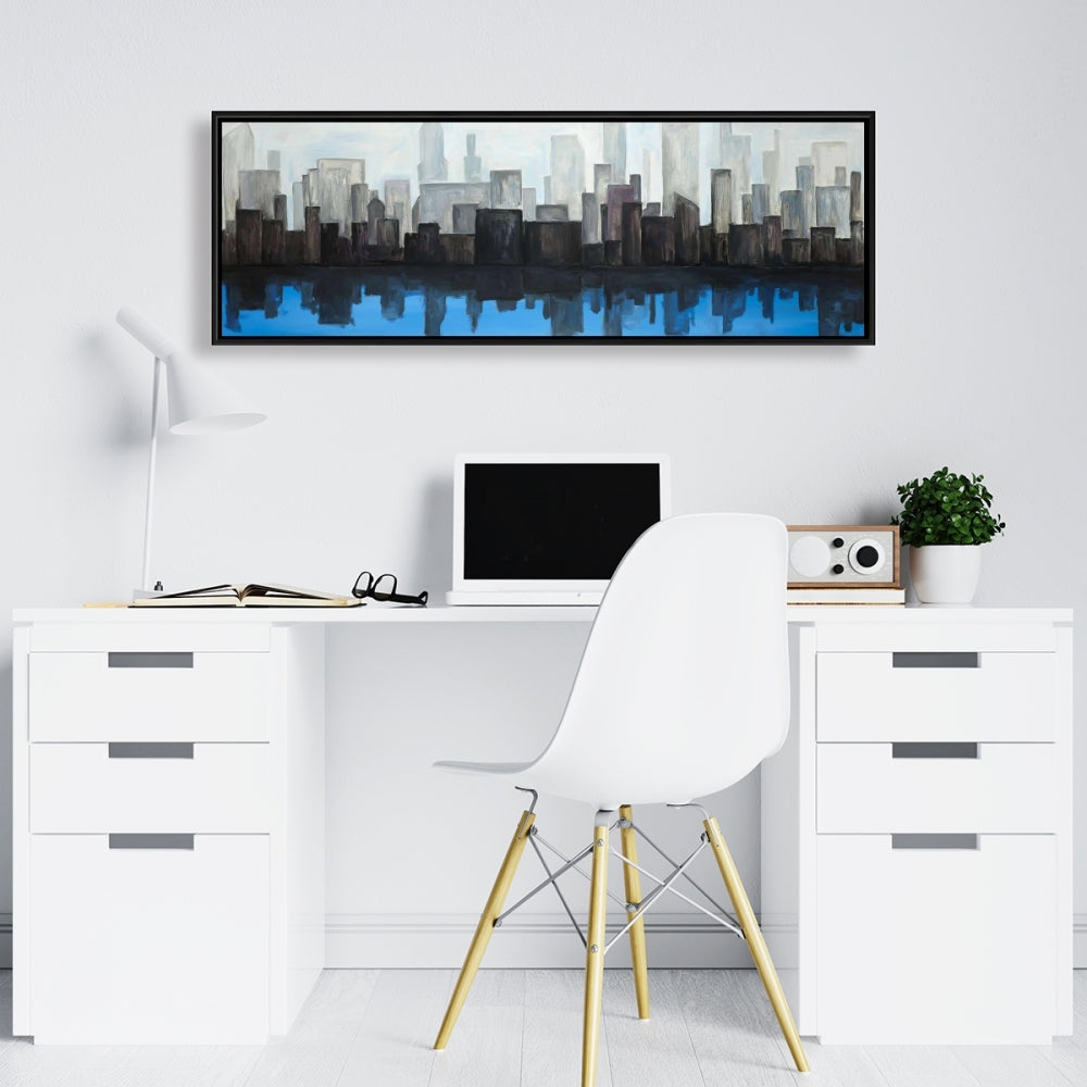 Toile « Vue sur la ville bleue » | Décoration murale contemporaine encadrée