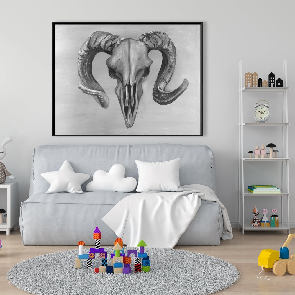 Grayscale Aries Skull Farm Animal Canvas | Home Decor Wall Art