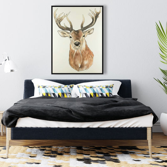 Toile encadrée de cerf brun | Portrait de cerf de face, décoration d'intérieur