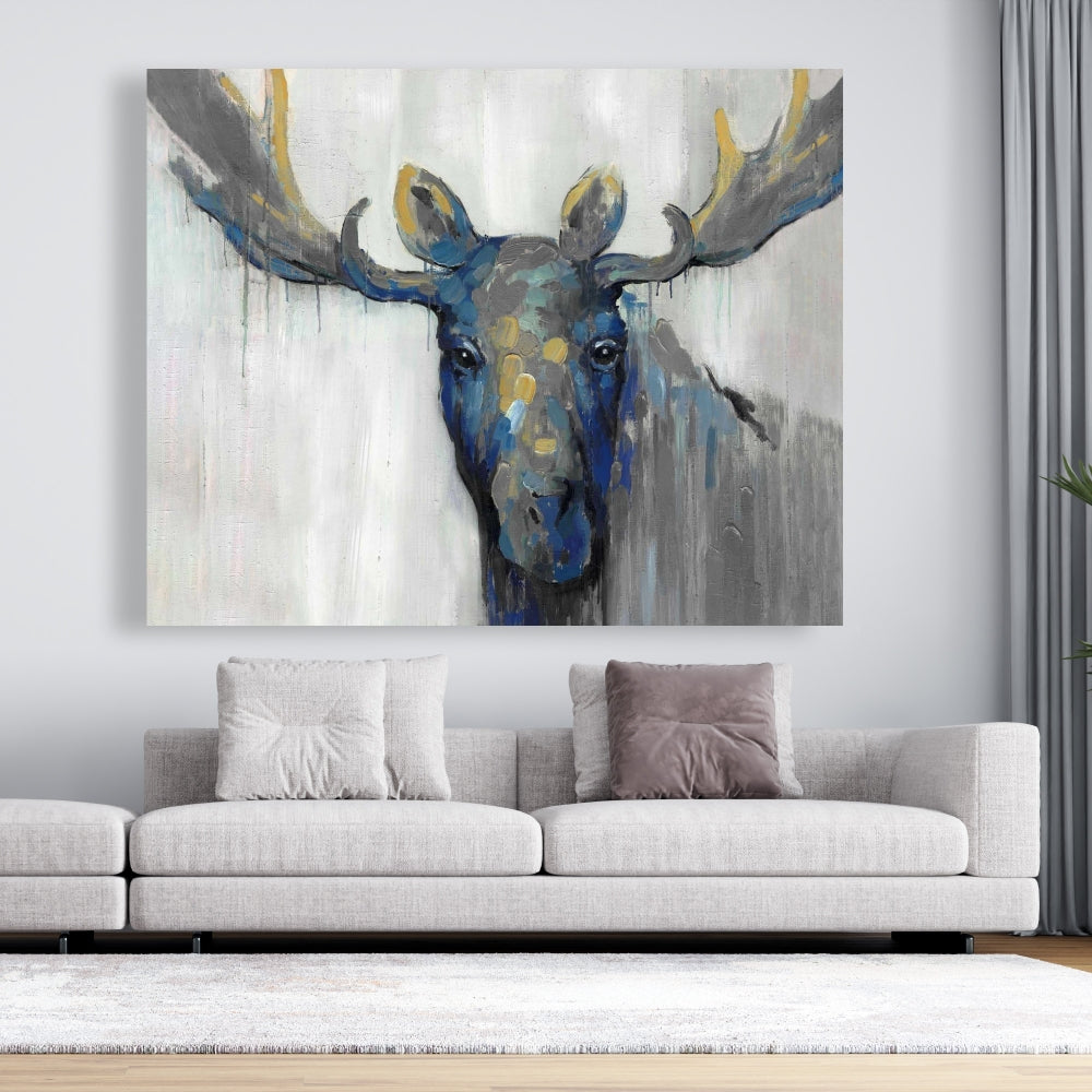 Rustic Blue Moose Canvas | Deer Animals Wall Art Home Decor