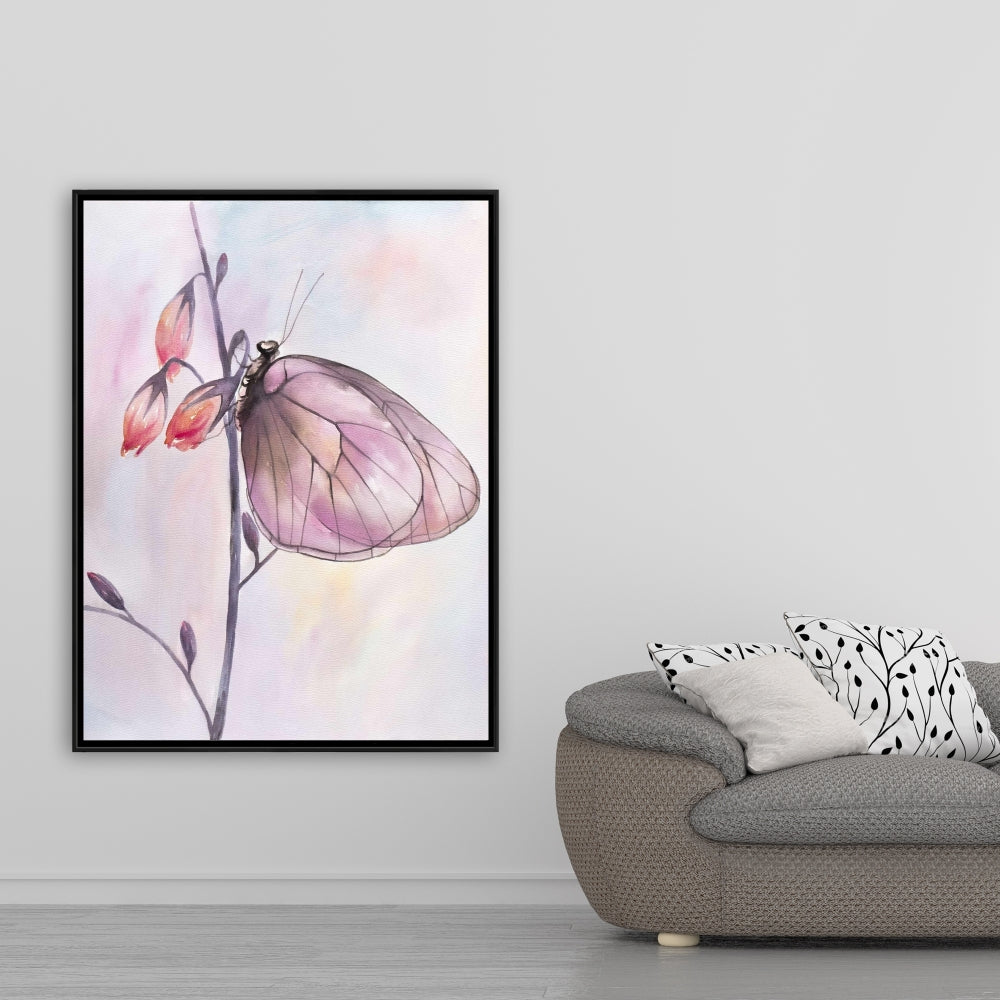 Toile romantique à fleurs violettes - Décoration murale délicate avec papillons