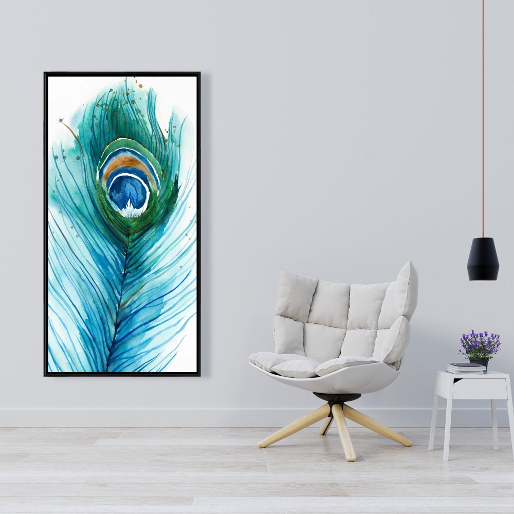 Longue plume de paon | Toile encadrée bleu oiseau, décoration d'intérieur