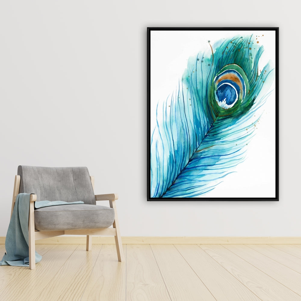 Longue plume de paon | Toile encadrée bleu oiseau, décoration d'intérieur