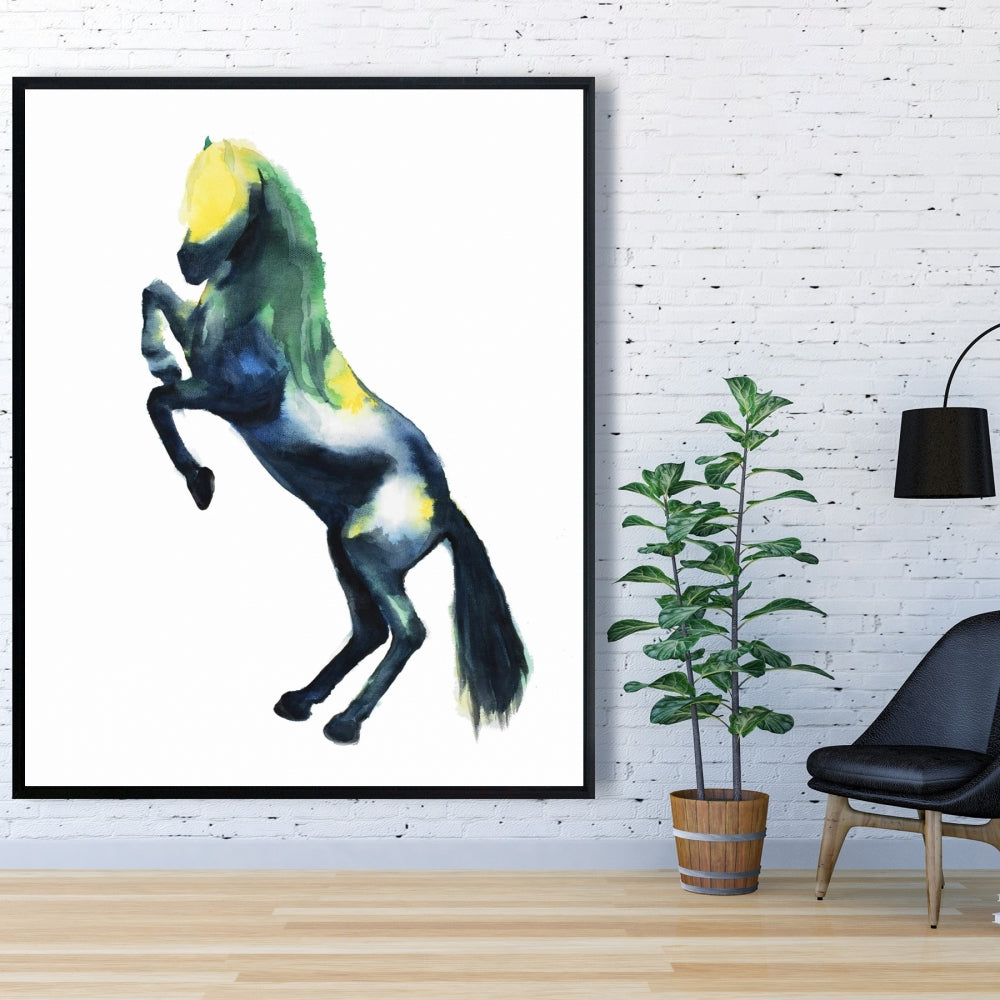 Toile encadrée représentant un cheval bleu et des animaux de la ferme, décoration d'intérieur