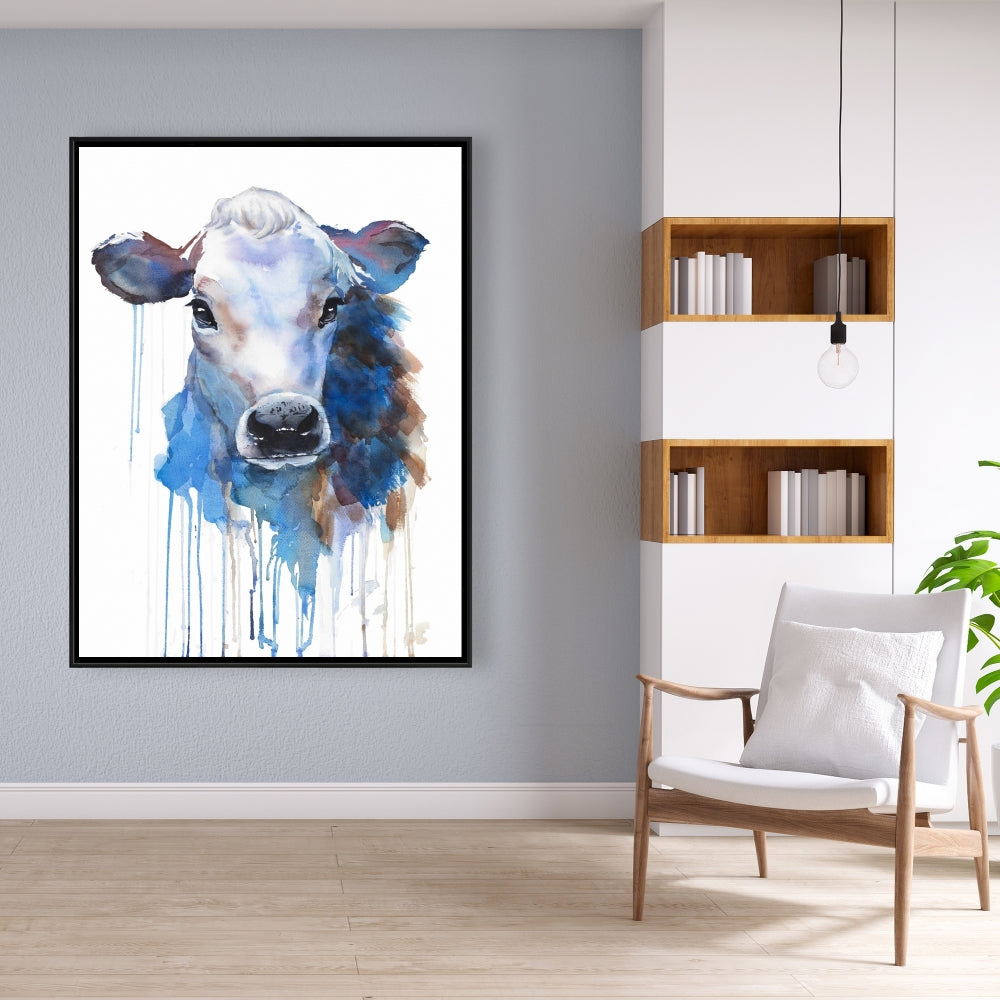 Toile encadrée aquarelle représentant une vache Jersey | Décoration de style campagnard