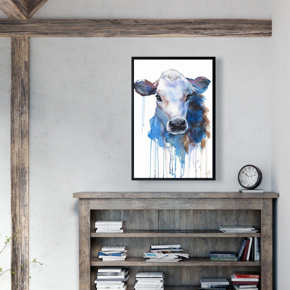 Toile encadrée aquarelle représentant une vache Jersey | Décoration de style campagnard