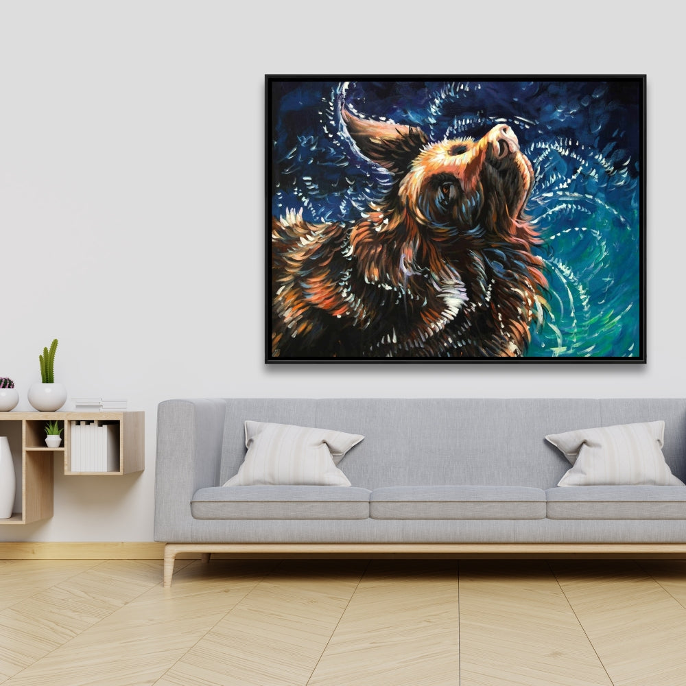 Wet Golden Retriever Shaking | Blue Contemporary Canvas