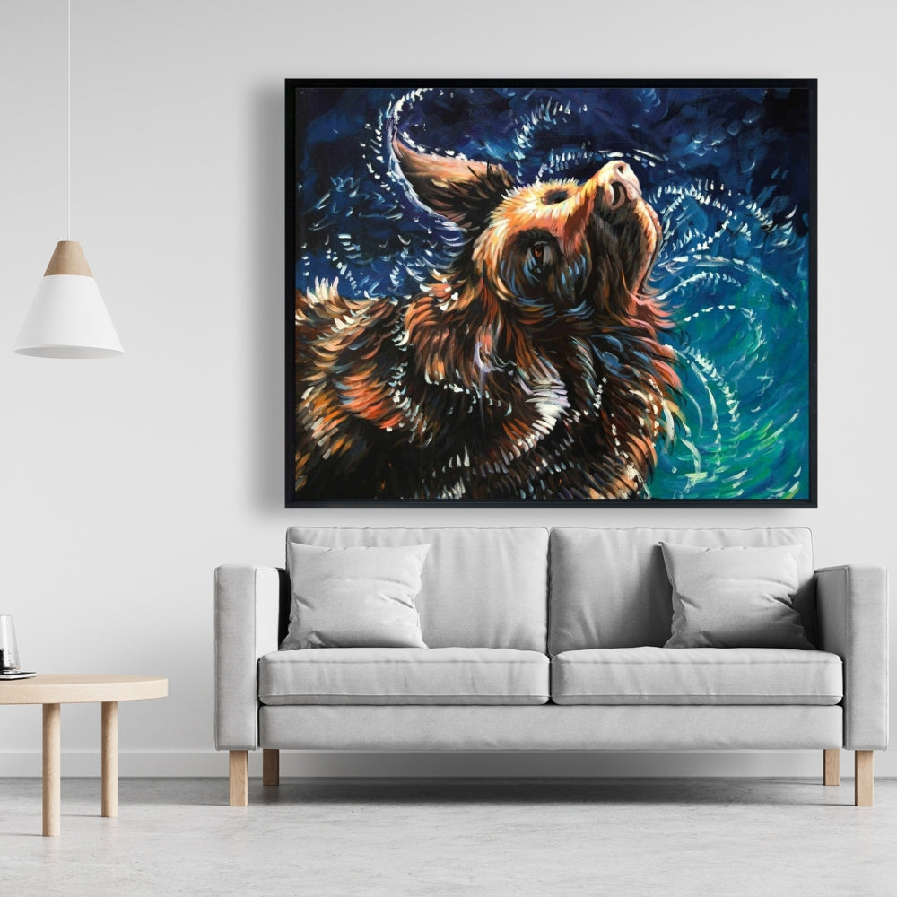 Wet Golden Retriever Shaking | Blue Contemporary Canvas