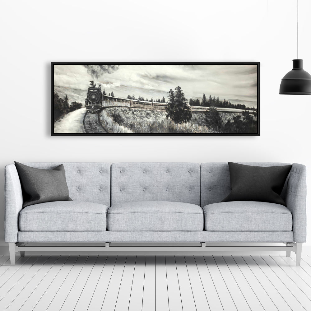Gray Landscapes Framed Canvas | Steam Engine Train Art Decor