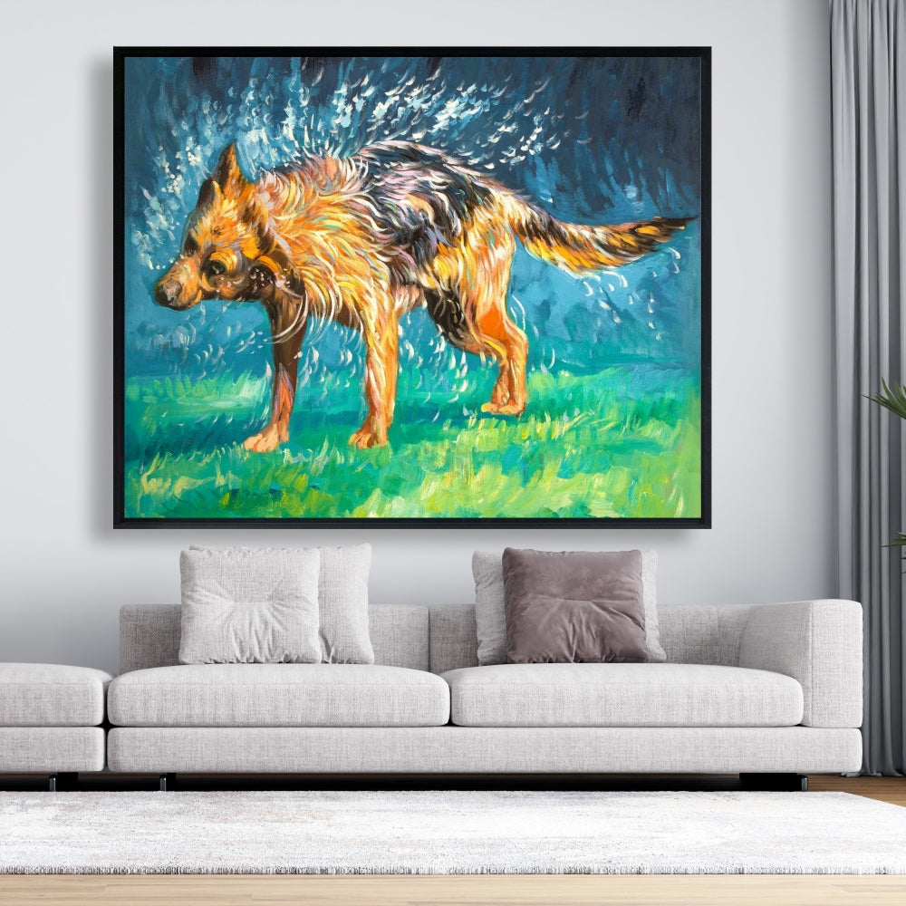 Toile encadrée contemporaine bleue pour animaux de compagnie - Berger allemand mouillé et essoré