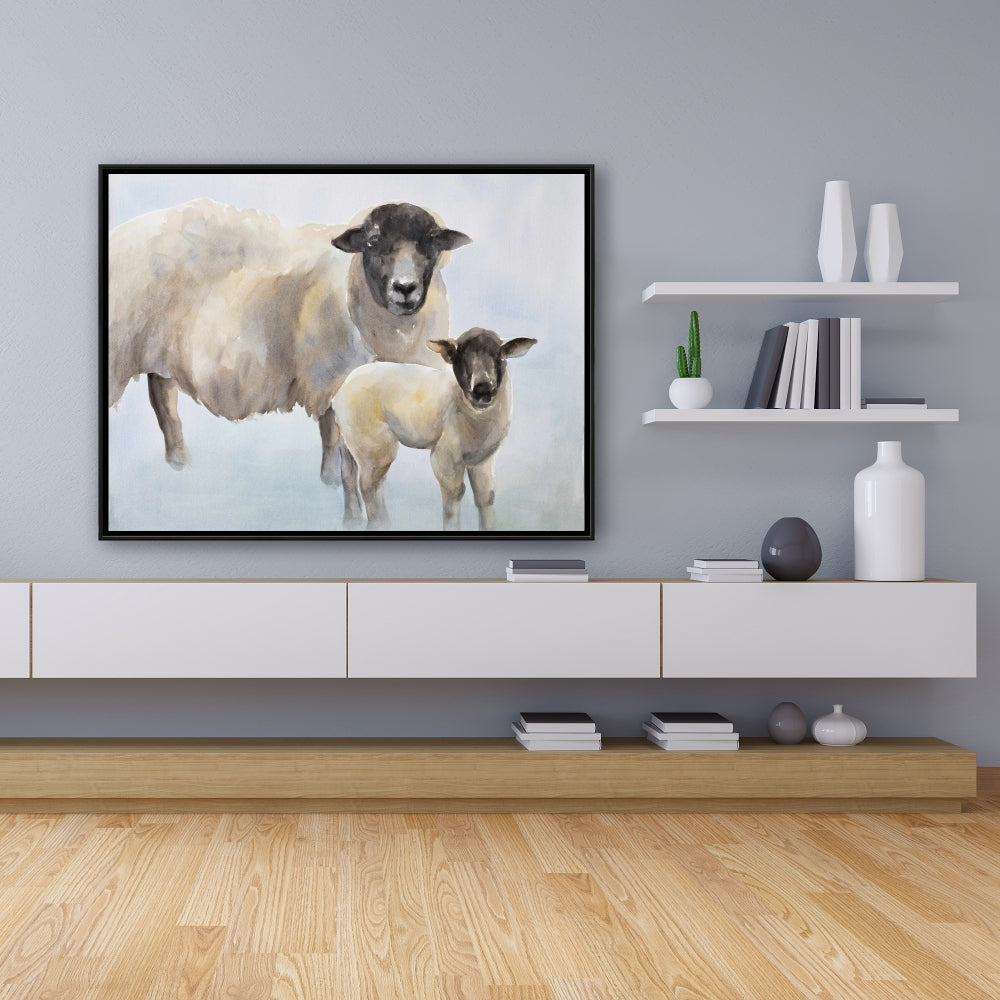 Toile Mouton et bébé | Art animalier de la ferme bleue | Décoration d'intérieur