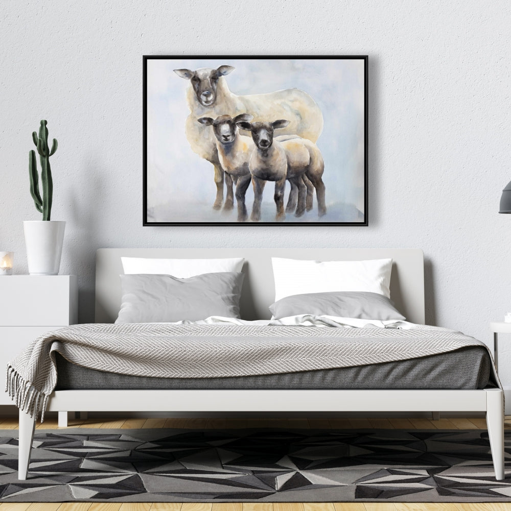 Toile bleue pour chambre à coucher : Famille de moutons | Décoration d'intérieur avec animaux de la ferme