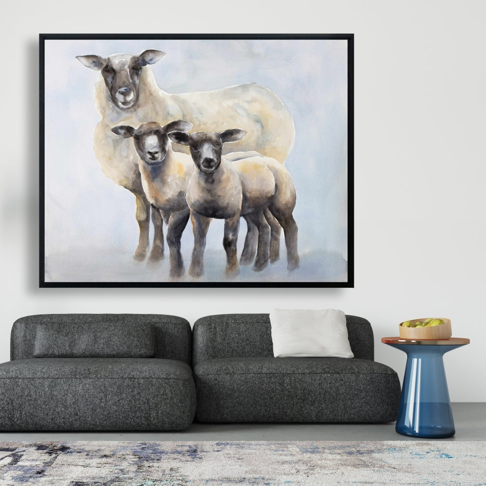 Toile bleue pour chambre à coucher : Famille de moutons | Décoration d'intérieur avec animaux de la ferme