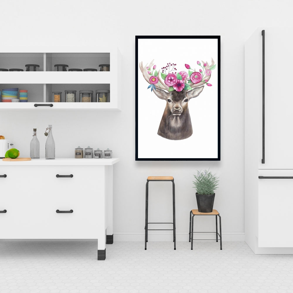 Toile « Tête de cerf avec fleurs » | Décoration animalière romantique marron