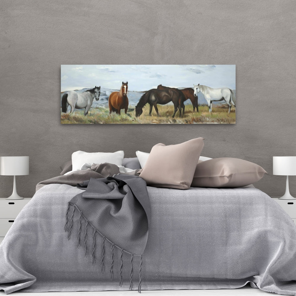 Rustic Bedroom Canvas | Horses Eating in Meadow Wall Art