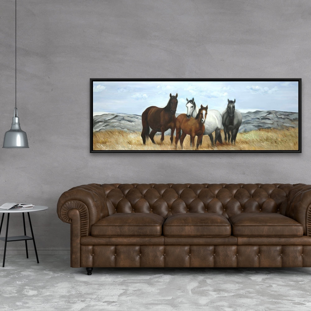 Rustic Blue Framed Canvas - Horses in Meadow by Sun Decor