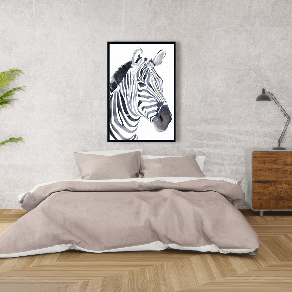 Watercolor Zebra Framed Canvas | Wildlife African Bedroom Decor