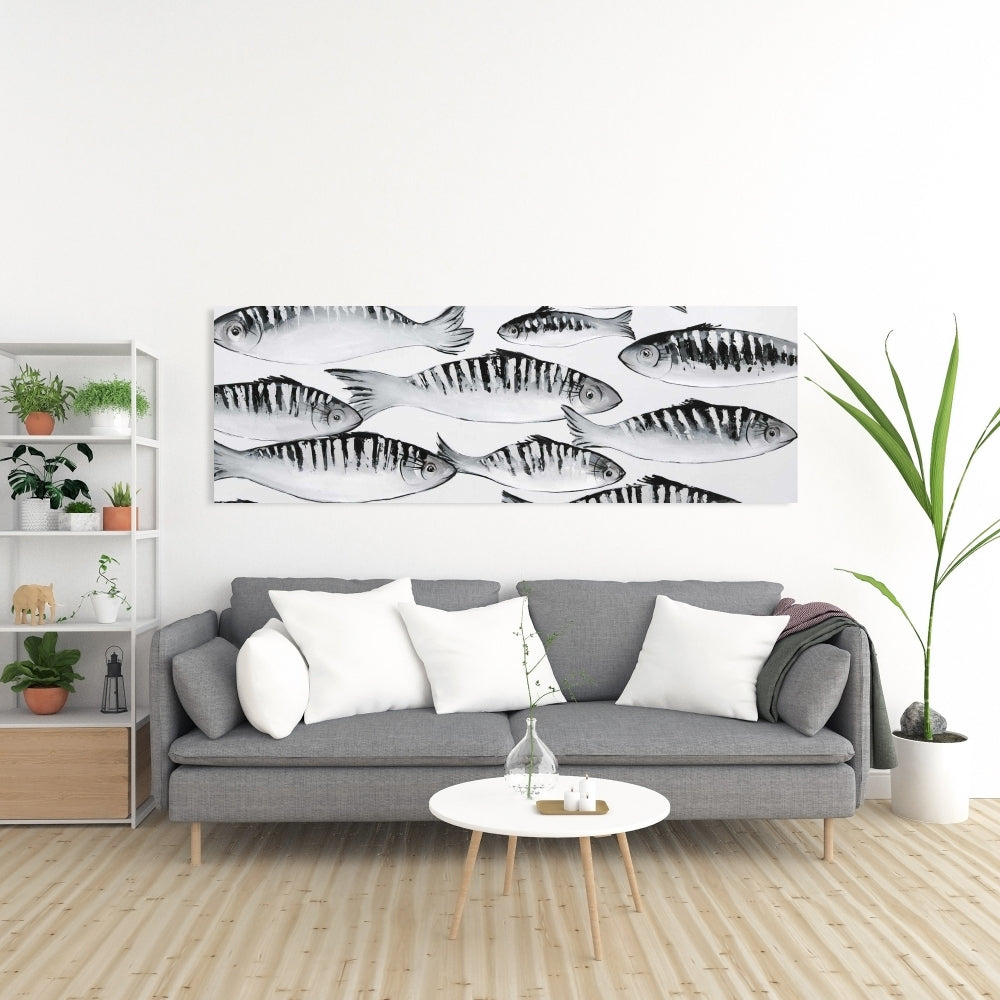 Gray Shoal of Fish Canvas | White Aquatic Decor for Bedroom