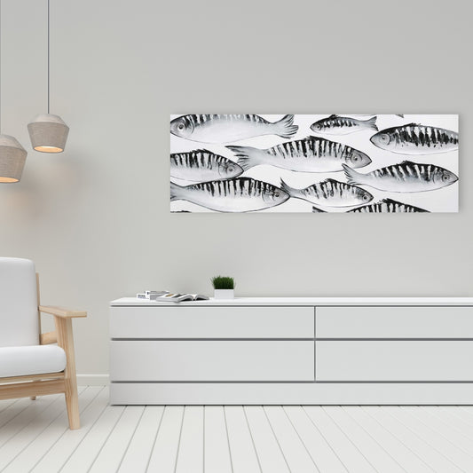 Gray Shoal of Fish Canvas | White Aquatic Decor for Bedroom