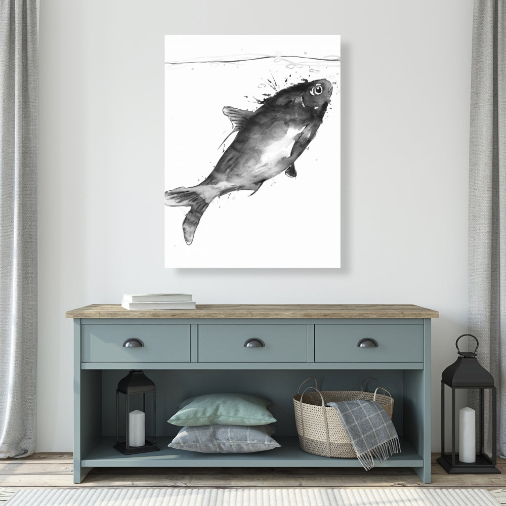 Happy Swimming Fish Gray Canvas | Aquatic Animals Home Decor