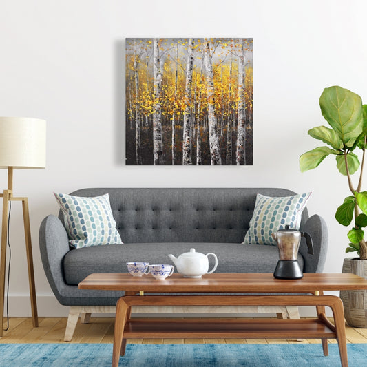 Toile grise avec bouleaux ensoleillés | Décoration murale de bureau