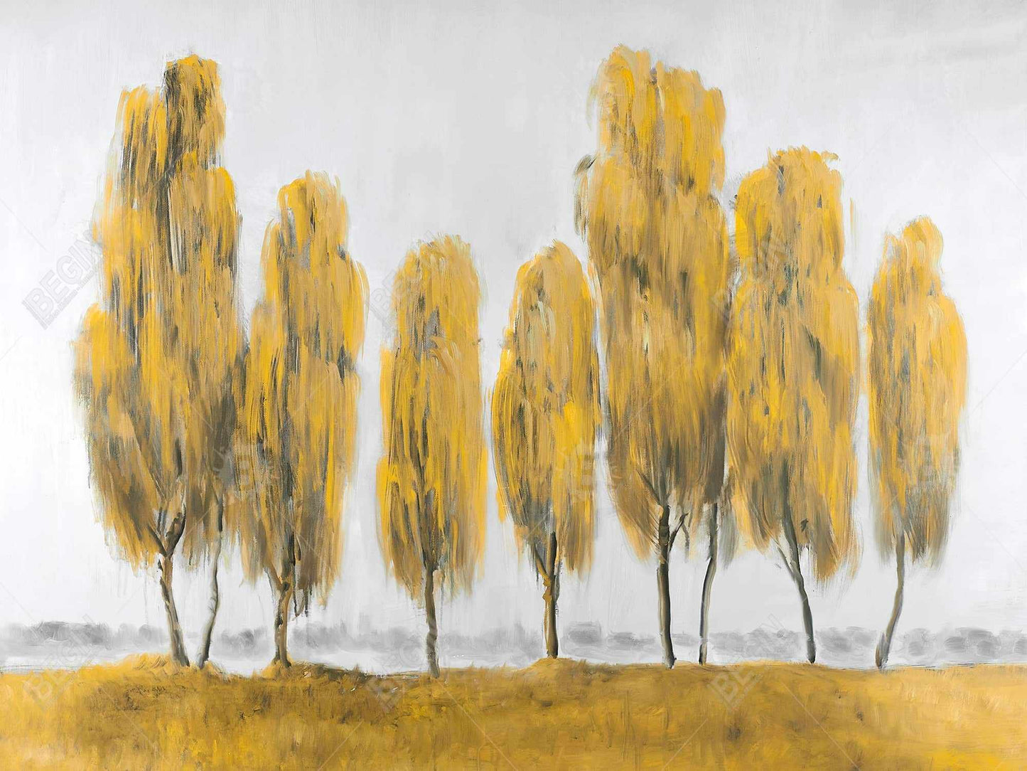 Seven Abstract Yellow Trees | Gray Canvas | Home Decor Art
